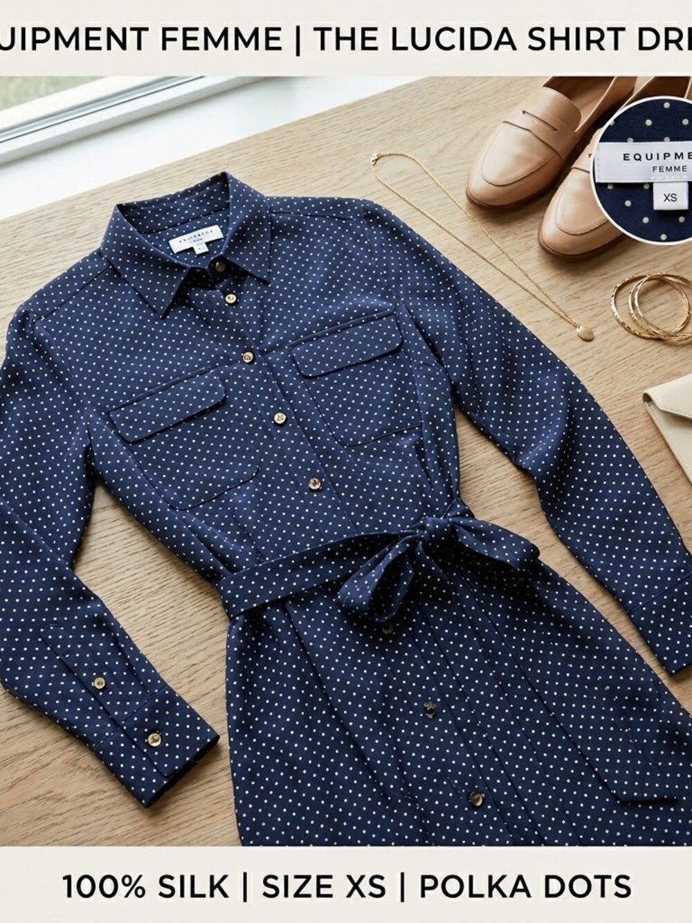 Equipment Femme | 100% Silk Polka Dot Shirt Dress in Navy & Cream - Size XS